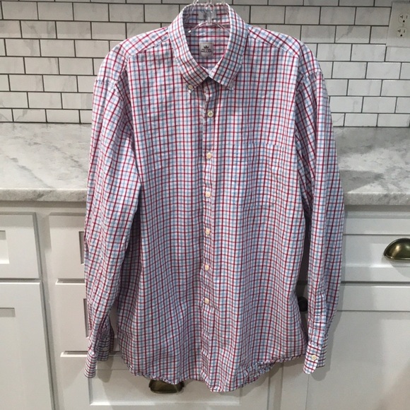 Peter Millar Plaid Mens Shirt Size Large Red Blue Button Up Long Sleeve - Picture 1 of 11